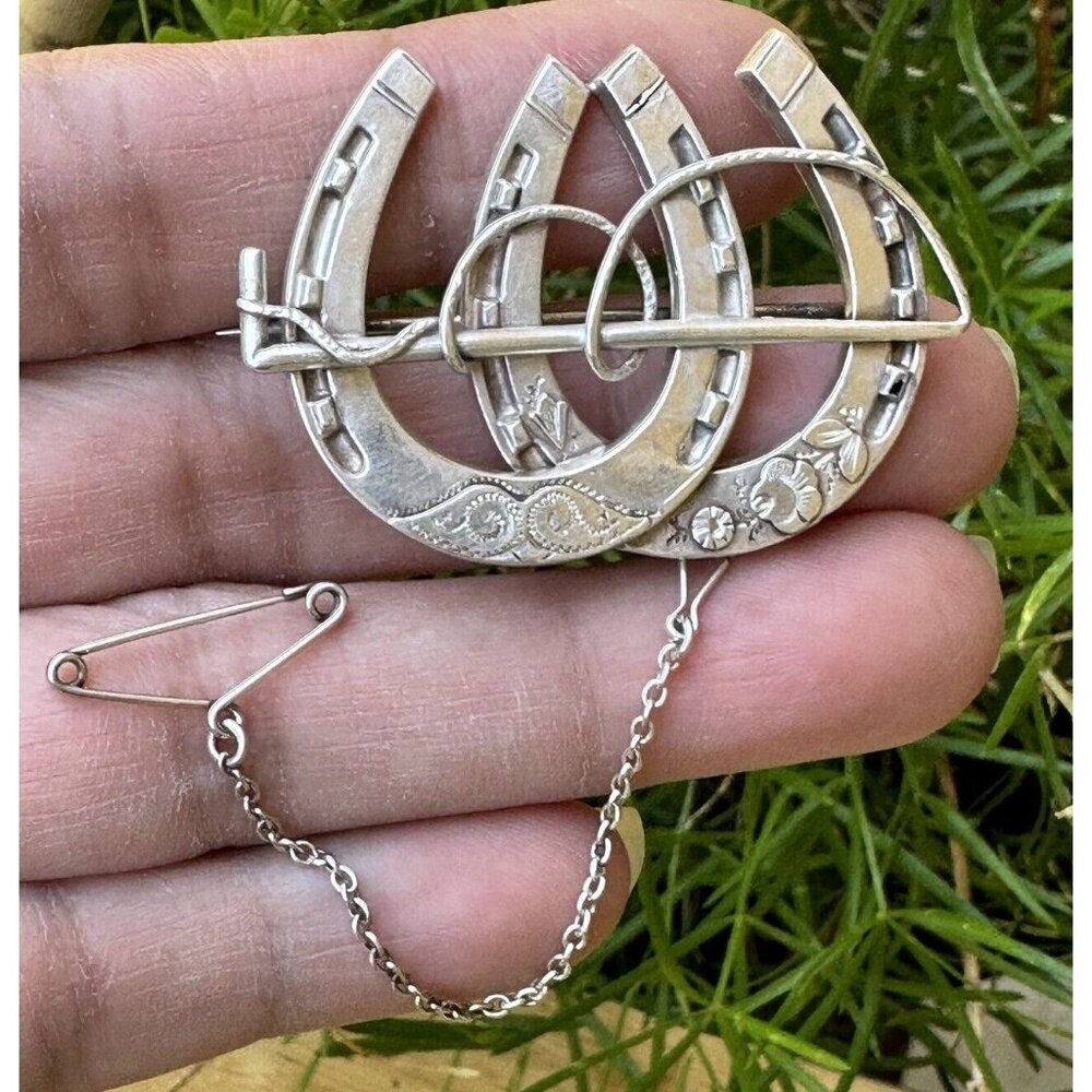 Antique‎ 1800s Victorian Brooch Pin 1.625 Inch Double Horseshoe Sterling C Clasp